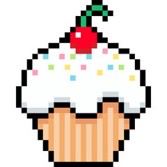 Pixel Cupcake with Cherry 8 Bit Dessert Icon, cupcake with cherry on top, pixel art food
