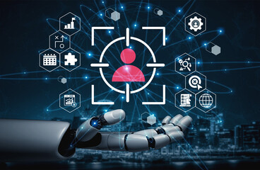 A futuristic robotic hand reaches toward a graphic interface, highlighting user profiles and data analysis icons, symbolizing the advance of artificial intelligence and technology. Gantry