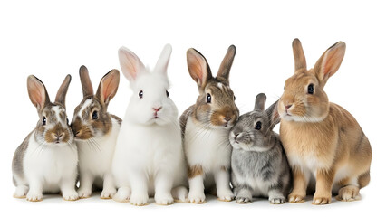 Fototapeta premium A group of adorable young bunnies standing in a row on a white background, showcasing their diverse fur patterns and floppy ears