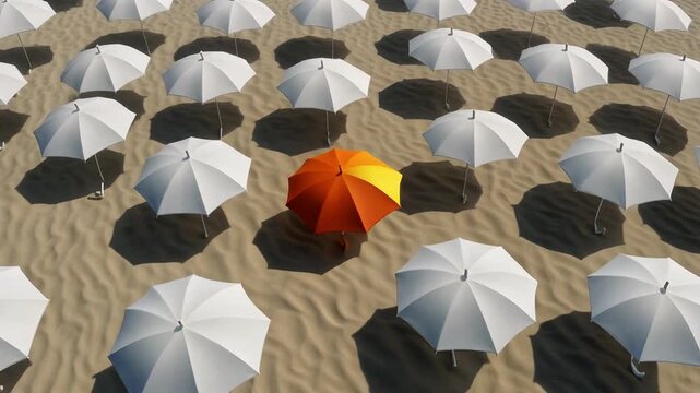 Dynamic Aerial View of a Unique Orange Umbrella Standing Out in a Sea of White Umbrellas.