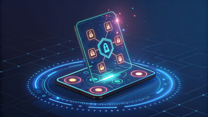 A futuristic smartphone with glowing icons on its screen standing on a blue circuit