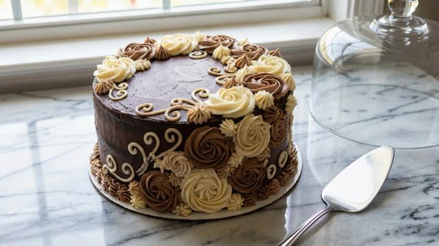 A rich chocolate layer cake adorned with piped buttercream flowers and swirls sits on a marble countertop, illuminated by natural window light. A