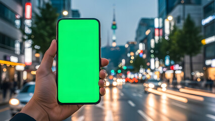 Urban night scene with a hand holding a digital device displaying a customizable green screen, symbolizing modern communication and technology amidst vibrant city lights