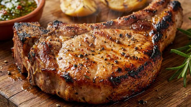 A close-up, appetizing shot of a perfectly grilled pork chop, seasoned with pepper and herbs, served on a rustic wooden board with a side of herb