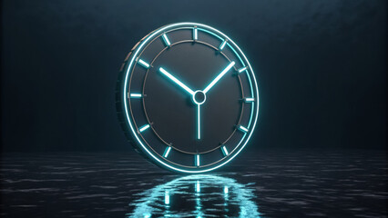 Glowing blue clock face with reflection on dark surface at night