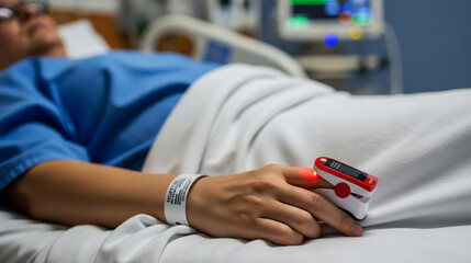 Patient Hand with Pulse Oximeter Monitoring Oxygen Saturation in Hospital