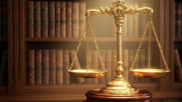 A close up of ornate golden justice scales in a library setting. Leather bound books fill the shelves behind the symbol of law