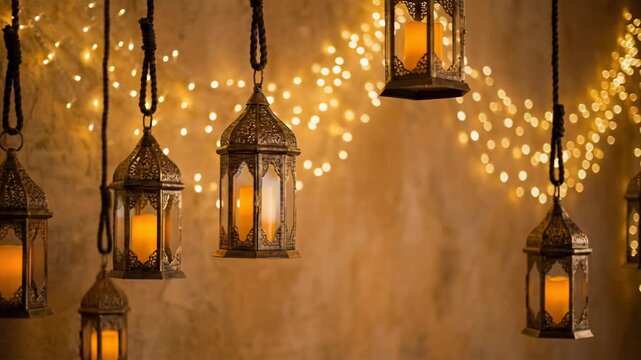 A collection of intricately designed metal lanterns hang illuminated by warm candlelight, complemented by a backdrop of sparkling fairy lights