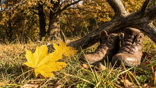 Brown leather hiking boots rest on a grassy forest floor next to a yellow maple leaf and tree branch in warm autumn sunlight
