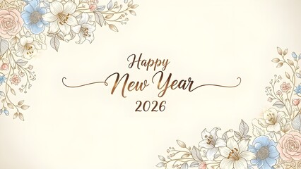Elegant New Year 2026 greeting banner featuring delicate botanical line art flowers and ornate golden lettering on a soft, festive background for holiday celebration