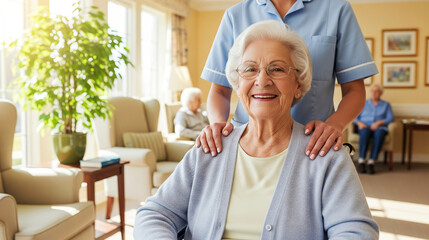 Portrait of a Happy Senior Woman Receiving Care from a Nurse