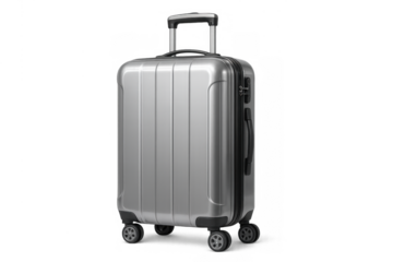 Silver luggage suitcase on wheels, displaying hard shell design for travel, vacation, and airport journeys