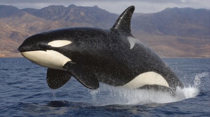 Obraz premium Orca whale leaps from the ocean with splashes in front of coastal mountains.