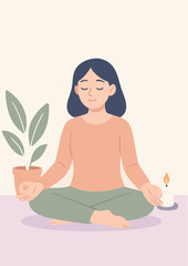 A beautiful pink cartoon illustration of a fit lady sitting in a lotus yoga pose, enjoying a healthy lifestyle and relaxation through meditation as a peaceful silhouette vector