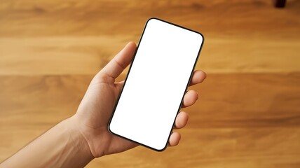 Hand Holding Smartphone with Blank Screen Mockup on Wooden Background. made with generative Ai
