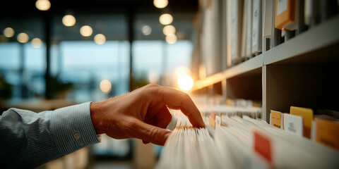 Obraz premium Person organizing files in an office with natural light