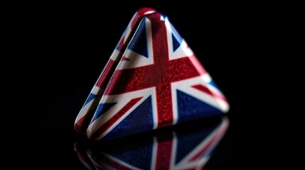 United Kingdom flag carefully folded into triangular shape, resting on reflective black acrylic surface. Subtle reflections mirror design