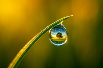 Close-up of water droplet reflecting tree in sunlight