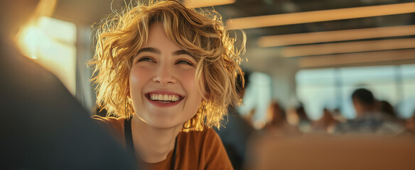 Young woman with curly hair smiling brightly in caf&eacute;