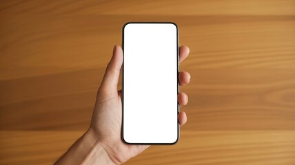 Hand Holding Smartphone with Blank Screen Mockup on Wooden Background. made with generative Ai
