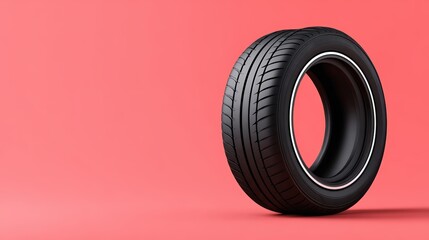 Black rubber tire with detailed tread pattern is positioned on a vibrant coral background, showcasing its design and functionality for automotive applications and marketing purposes