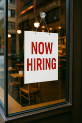 Sign in window announcing job opportunity for hiring now