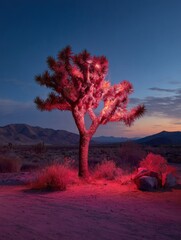 A solitary Joshua tree stands illuminated in the twilight, its silhouette dramatically lit against a deepening sky.