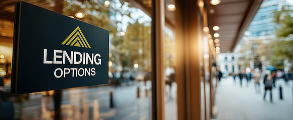 Lending options sign in urban setting with people walking by