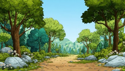 Vibrant Cartoon Forest Path Illustration - Lush Green Trees, Rocky Edges, and Bright Blue Sky.