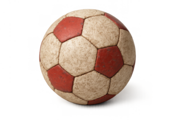 Vintage weathered red and beige soccer ball on transparent background representing classic sport and retro play