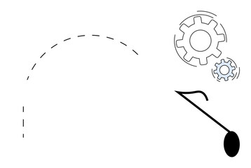 Process management, workflow optimization, industry automation, mechanical systems, innovation, productivity. Black gear icons with a curved dashed line and lever element. Industry automation