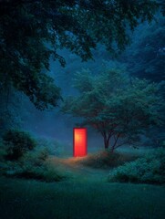 A mysterious luminous red structure stands amidst a serene, misty forest, inviting the viewer into a world of tranquility and imagination. This image embodies a sense of mystery and wonder.