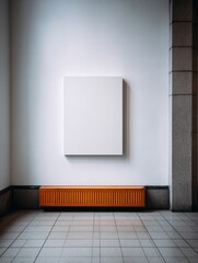 A minimalist art gallery with a pristine white canvas centered on a stark, light-filled wall, juxtaposed against a warm wooden bench, highlighting the clean lines of the interior.
