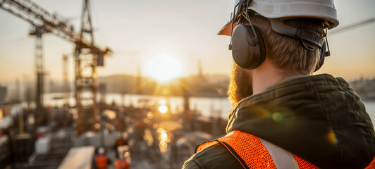 Construction worker observing sunrise over industrial site in city