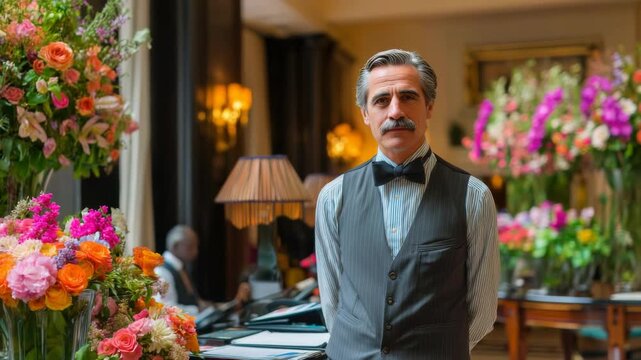 Elegant hotel concierge with a welcoming smile stands near floral arrangements