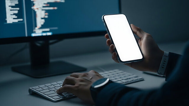 A person's hands typing on a keyboard while holding a smartphone with a blank screen - Powered by Adobe
