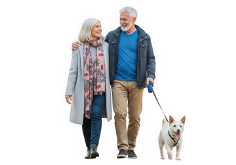 Elderly couple walking their dog together enjoying the outdoors transparent background
