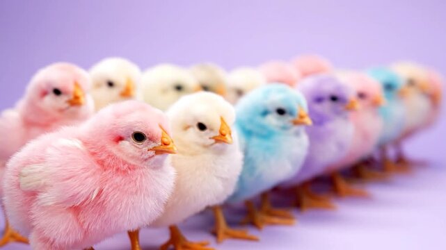 Adorable Pastel Colored Baby Chicks Standing in a Row for Easter and Spring.