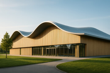 Modern architectural building with wavy roof and wooden facade