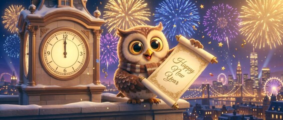 Owl holds New Year greeting beside clock with fireworks backdrop