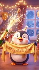 Charming penguin celebrates New Year with champagne and confetti