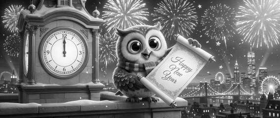 New Year celebration with an owl and fireworks at midnight