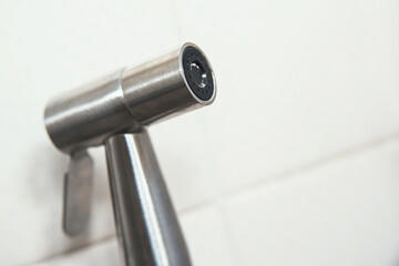 Close-up of stainless steel bidet sprayer in bathroom, hygiene equipment and modern sanitary concept