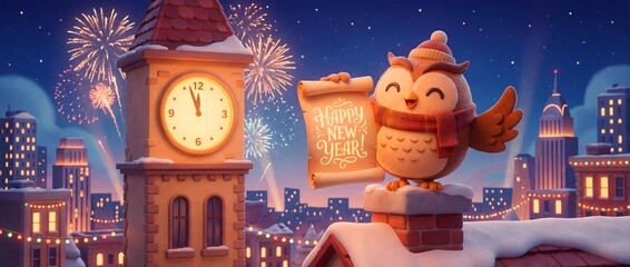 Owl on chimney holds New Year sign at night with fireworks
