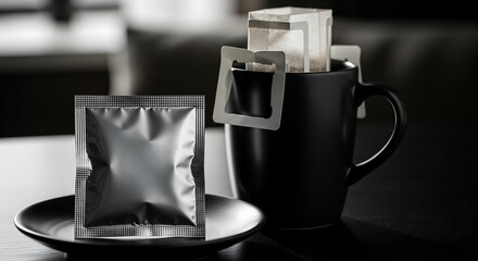 Black mug with a drip coffee filter and a silver foil packet on a black saucer.