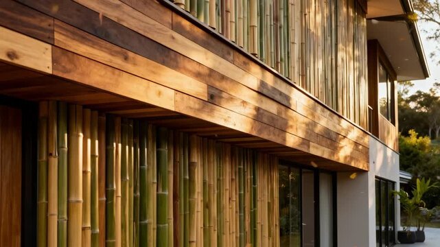Sunlit bamboo cladding installation on a residential facade emphasizing natural textures and ecofriendly construction.