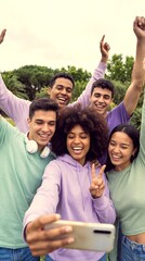 Friends take selfie in park during a sunny afternoon in the city