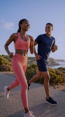 Couple enjoys running by the coast during sunny afternoon