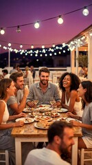 Gathering of friends sharing food at a summer dinner party