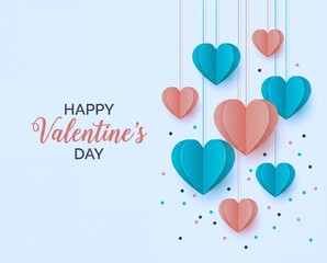 Valentine's Day decoration with hanging hearts in blue and pink colors